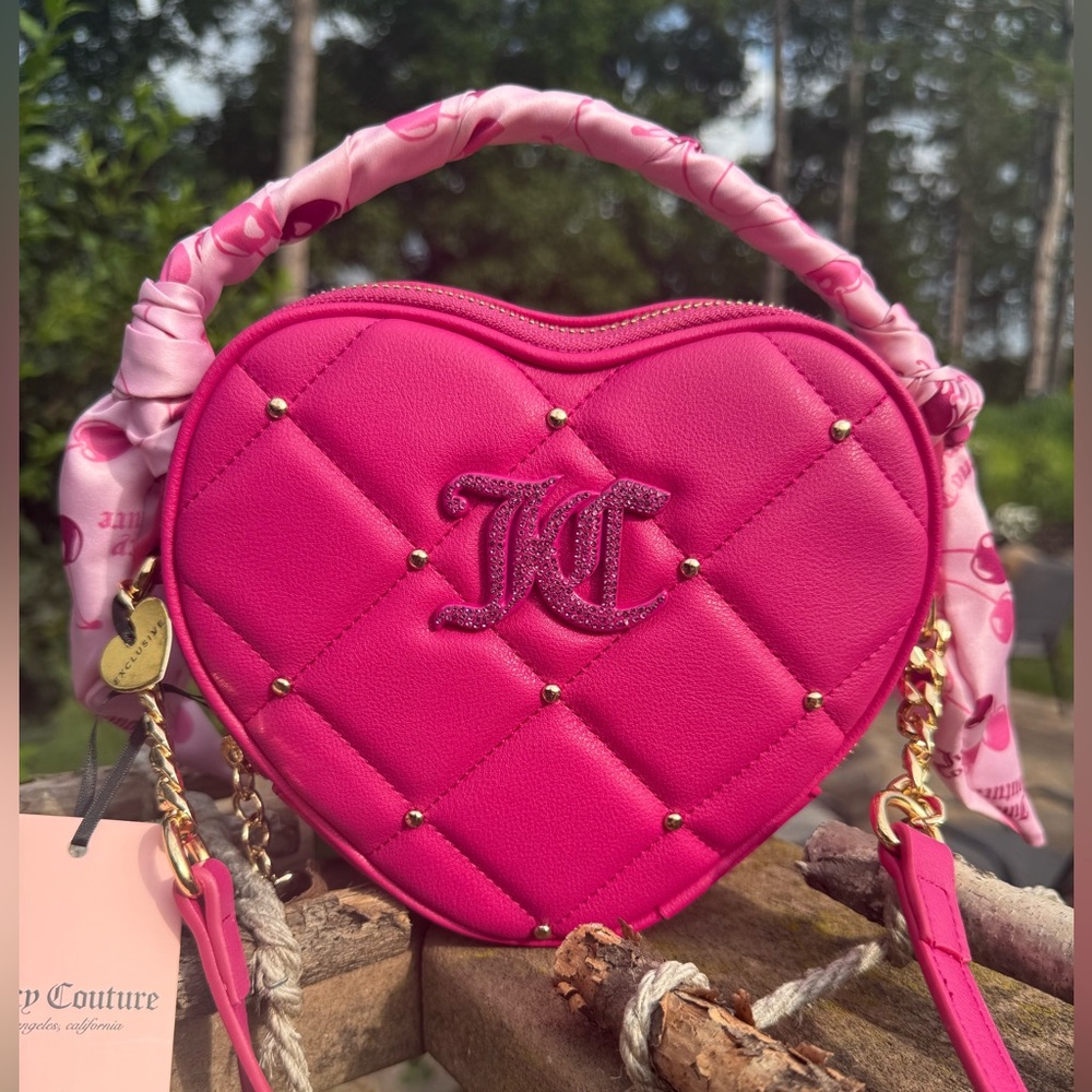 Juicy Couture Hot Pink Quilted Heart Mini Bag with Gold Studs